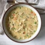 overhead view chicken pot pie soup.