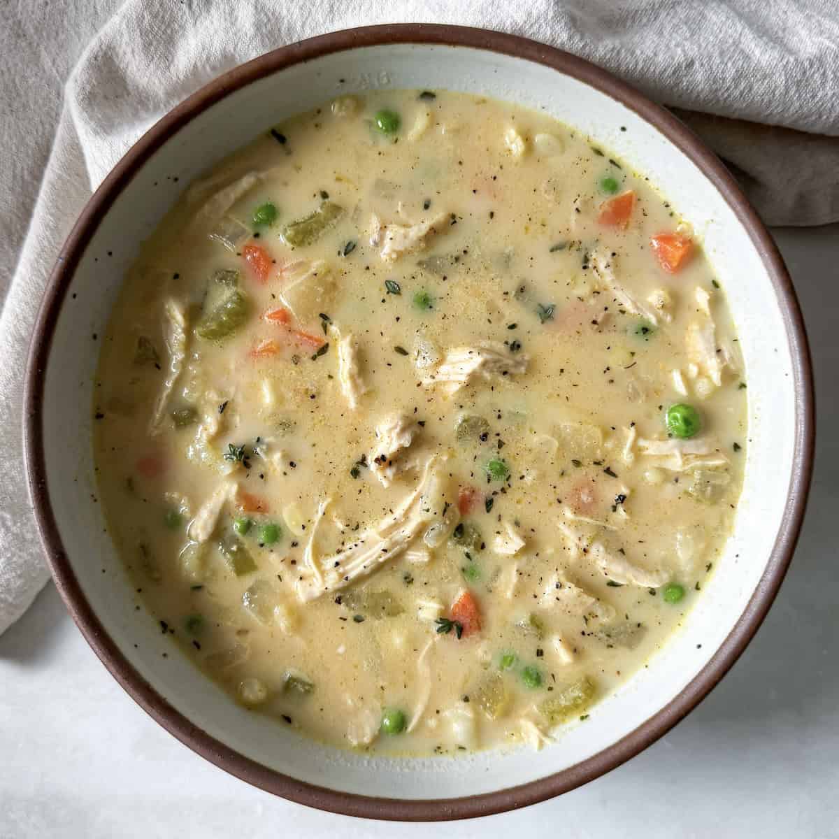 overhead view chicken pot pie soup.