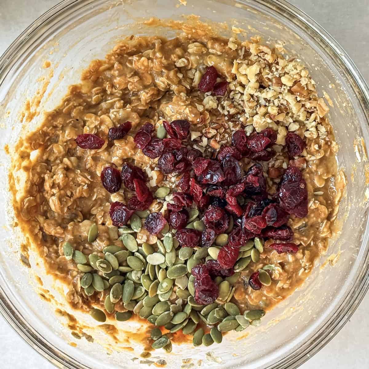 overhead view of breakfast cookie ingredients in a bowl.