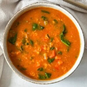 overhead view of lentil carrot ginger soup.