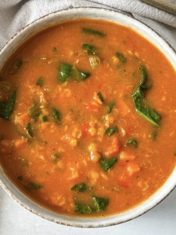 overhead view of lentil carrot ginger soup.