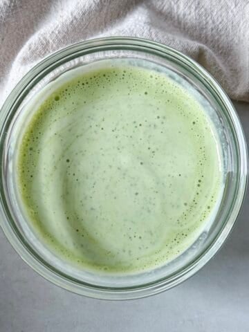 cilantro lime yogurt sauce over head view.