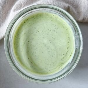 cilantro lime yogurt sauce over head view.