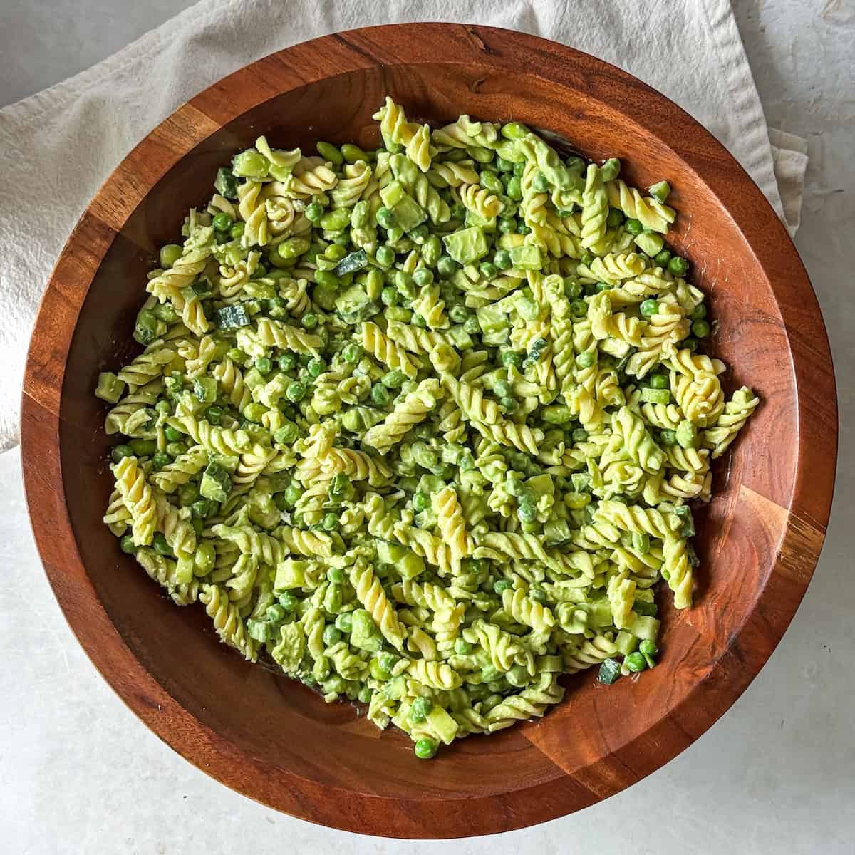 overhead view of green goddess pasta salad.