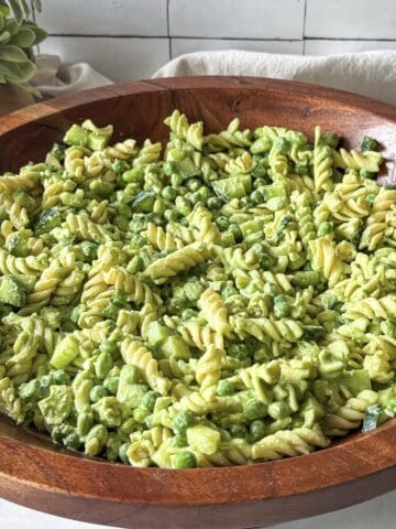 side view of green goddess pasta salad..