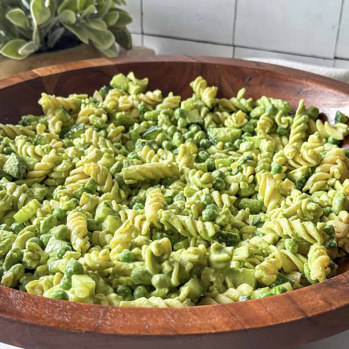 side view of green goddess pasta salad.