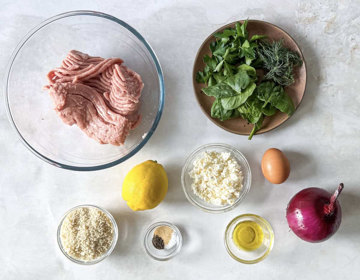 ingredients for turkey feta meatballs on a table.