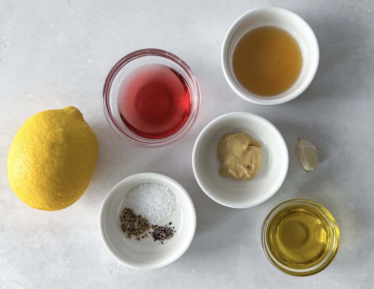 overhead view of ingredients for red wine vinaigrette.