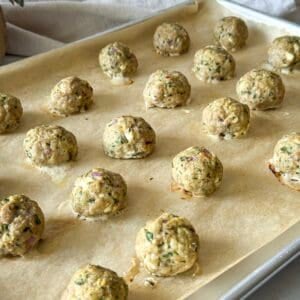turkey feta meatballs on a sheetpan.