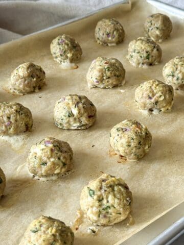 turkey feta meatballs on a sheetpan.