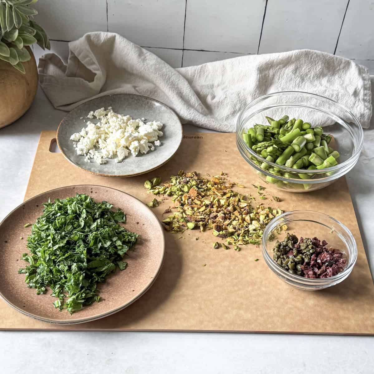 chopped ingredients for spring orzo pasta salad.