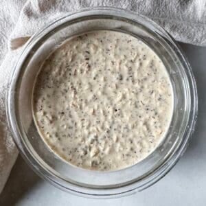 high protein overnight oats overhead view without toppings 2