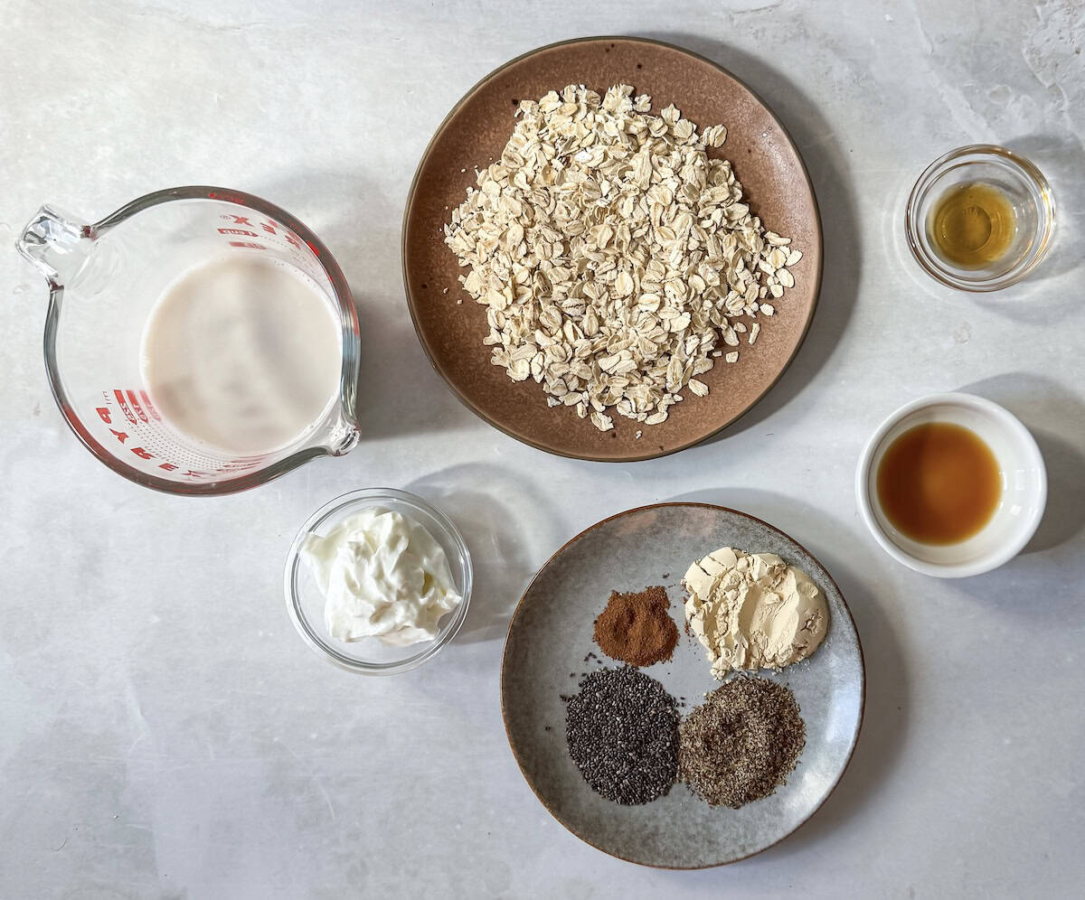 ingredients for high protein overnight oats on a table.