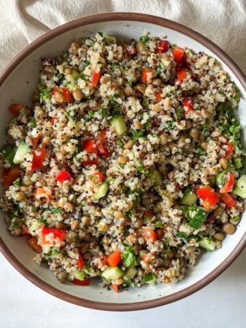 overhead view of copycat costco quinoa salad.