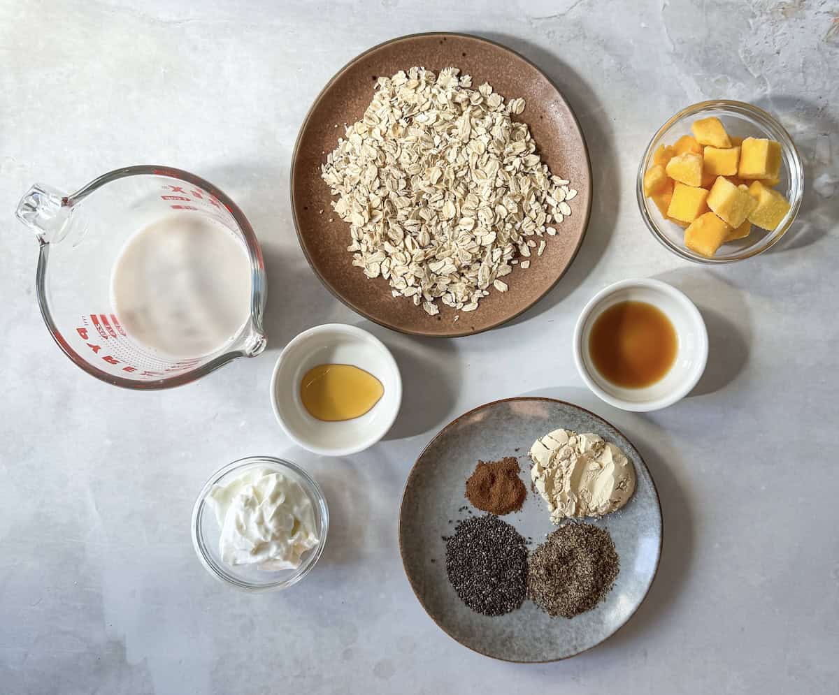 overhead view of mango overnight oats ingredients.