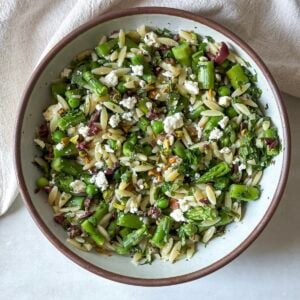 overhead view of spring orzo pasta salad.