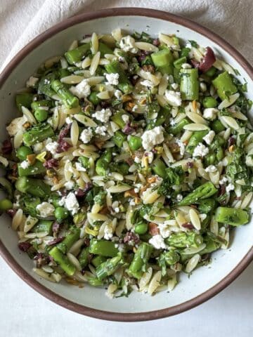 overhead view of spring orzo pasta salad.