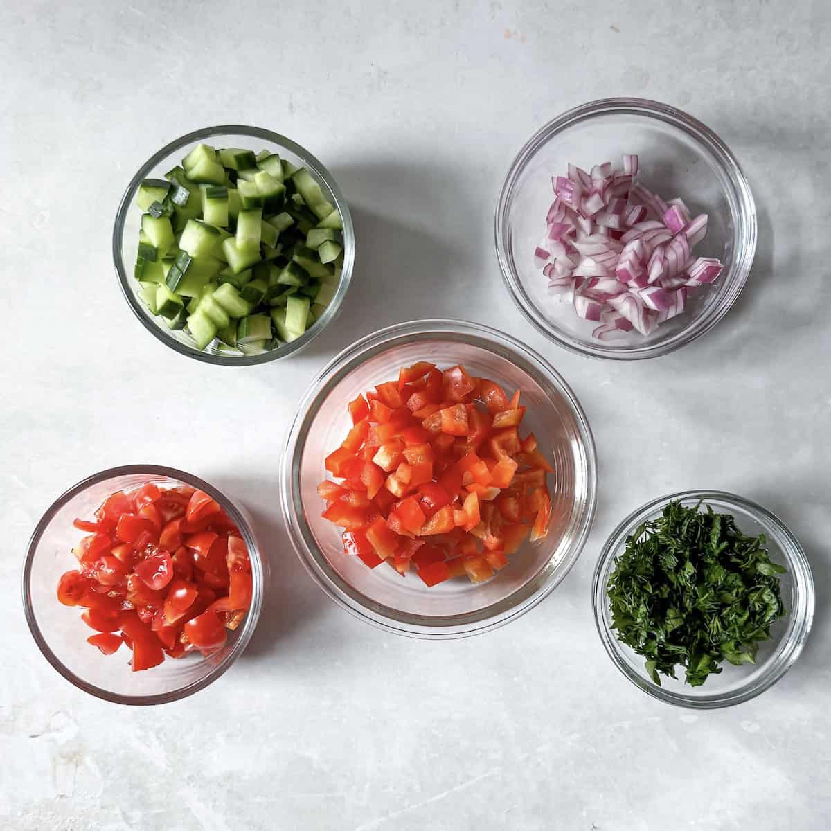 chopped ingredients for chickpea quinoa salad.
