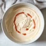 greek yogurt sriracha sauce overhead view..