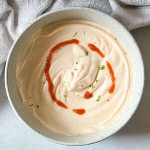 greek yogurt sriracha sauce overhead view..