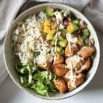 overhead view of salmon rice bowl.