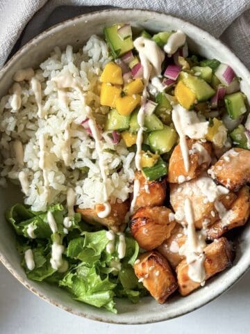 overhead view of salmon rice bowl.