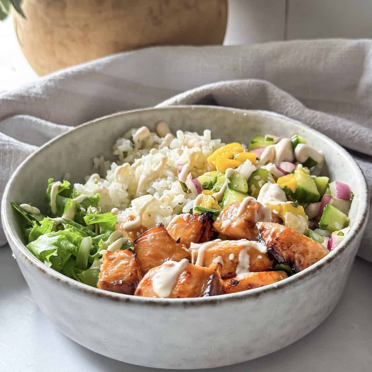 salmon rice bowl side view.