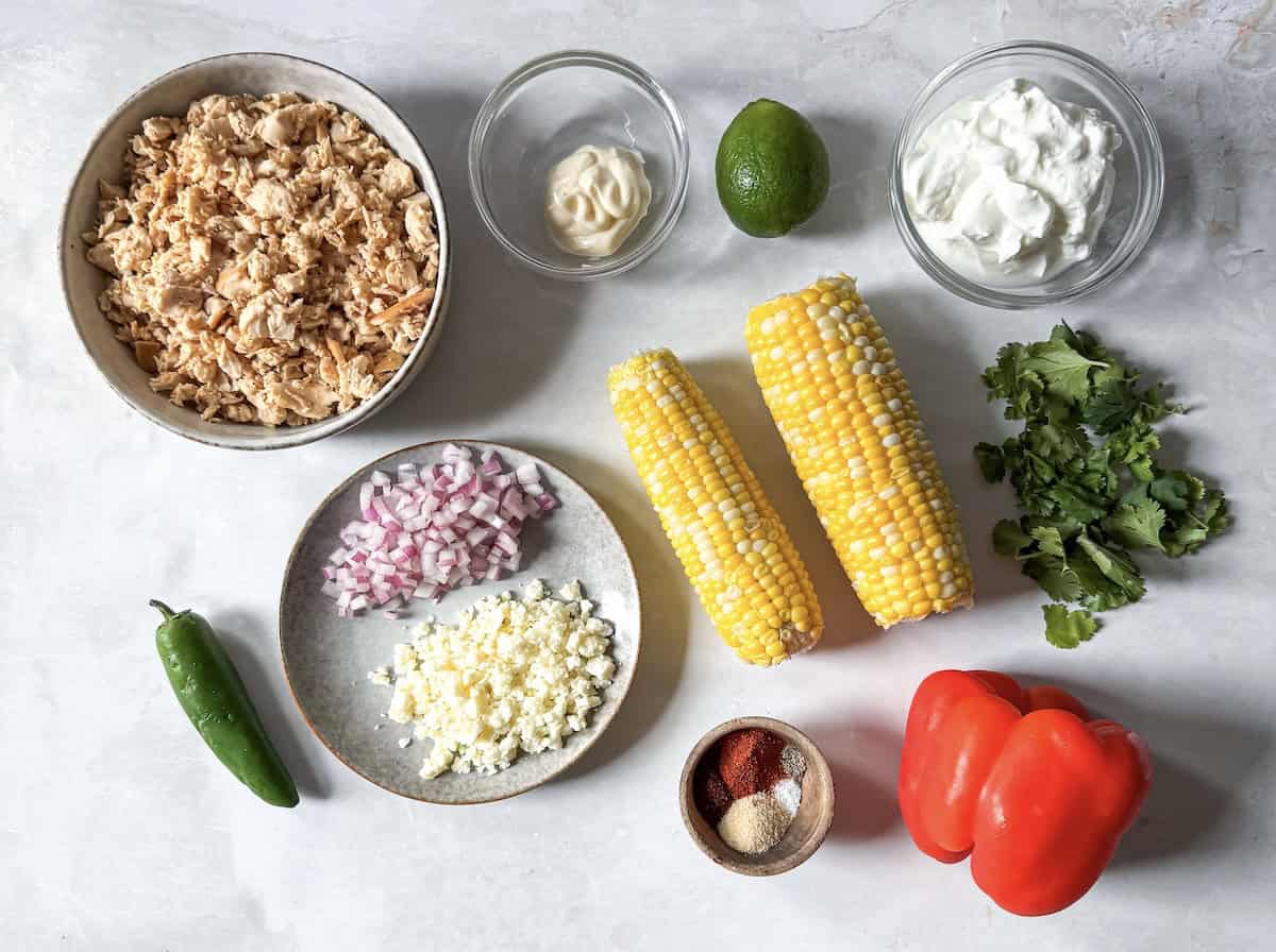 ingredients for street corn chicken salad.