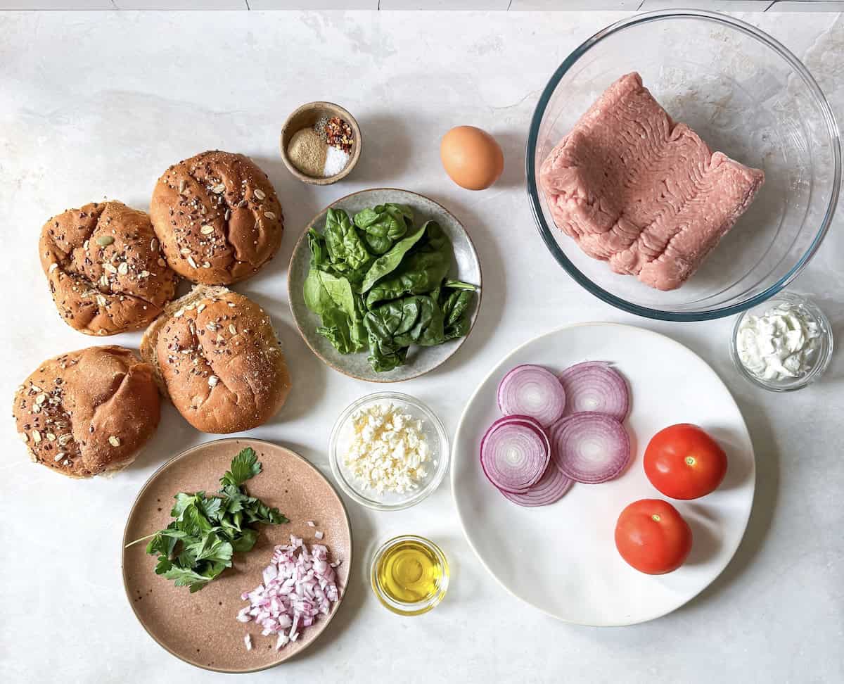 ingredients for turkey burger feta spinach.