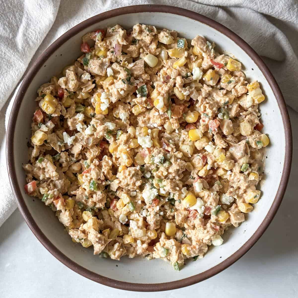 overhead view of street corn chicken salad..