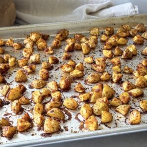side view of roasted baby potatoes.