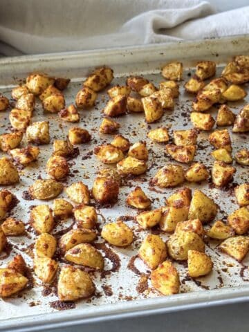 side view of roasted baby potatoes.