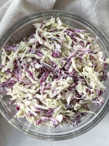coleslaw with Greek yogurt overhead view.