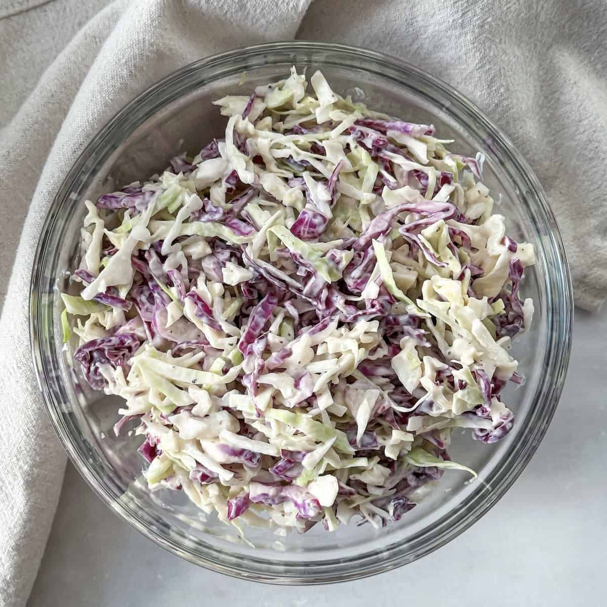 coleslaw with Greek yogurt overhead view.