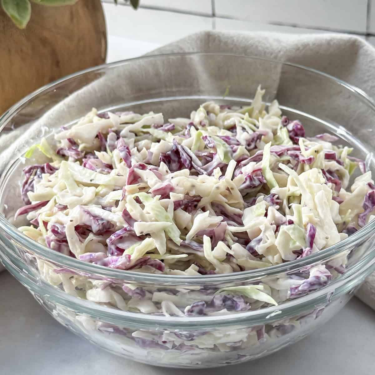 coleslaw with Greek yogurt side view.
