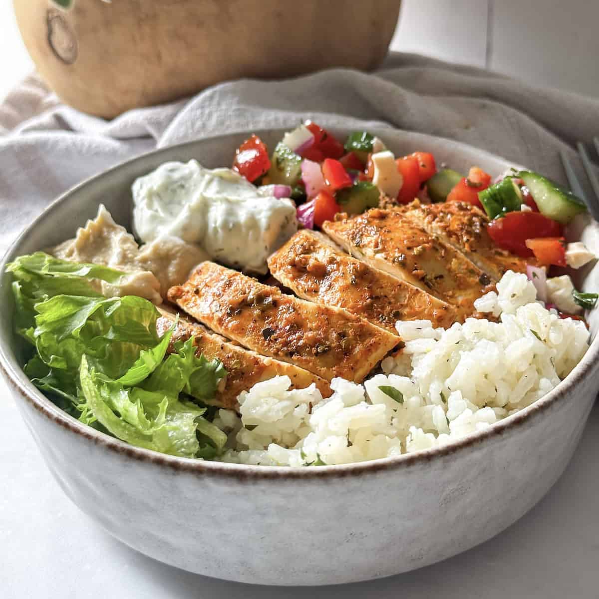 greek chicken and rice bowl.