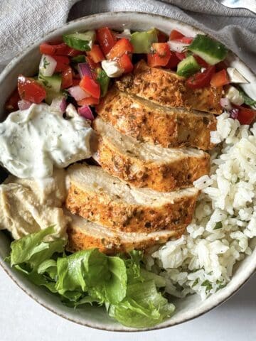 greek chicken and rice bowl.