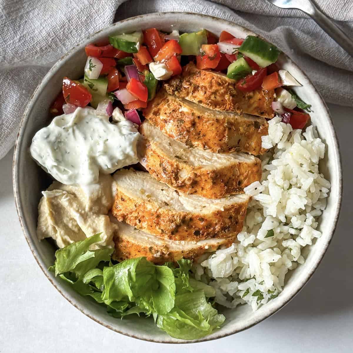 greek chicken and rice bowl.