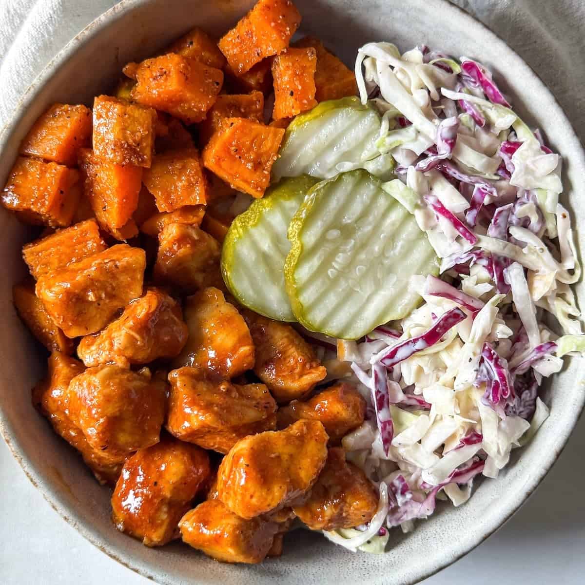 overhead view bbq chicken bowls.