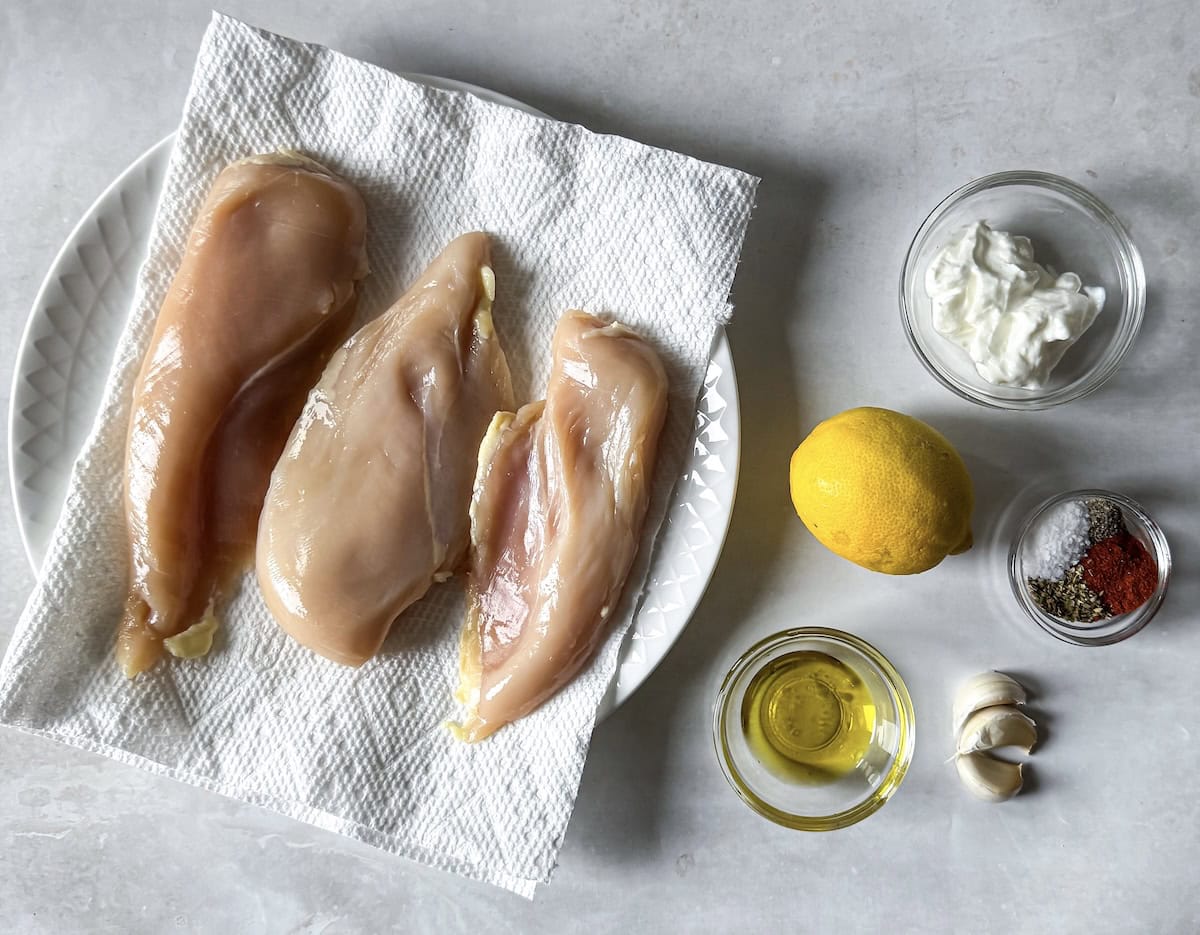 overhead view of greek yogurt chicken marinade