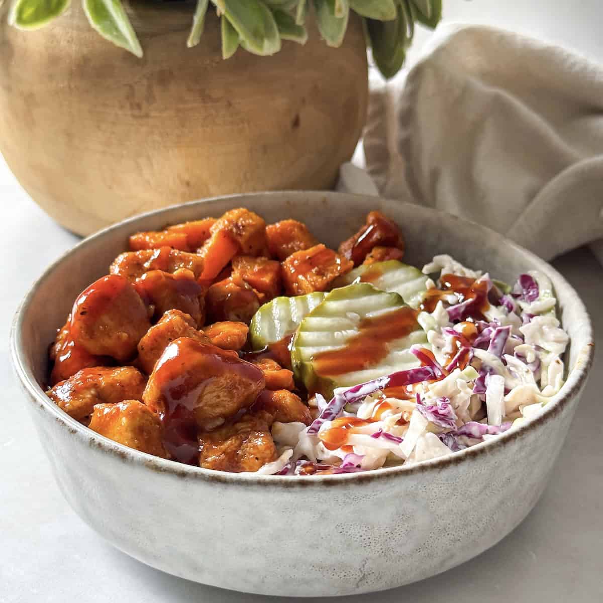 side view bbq chicken bowl