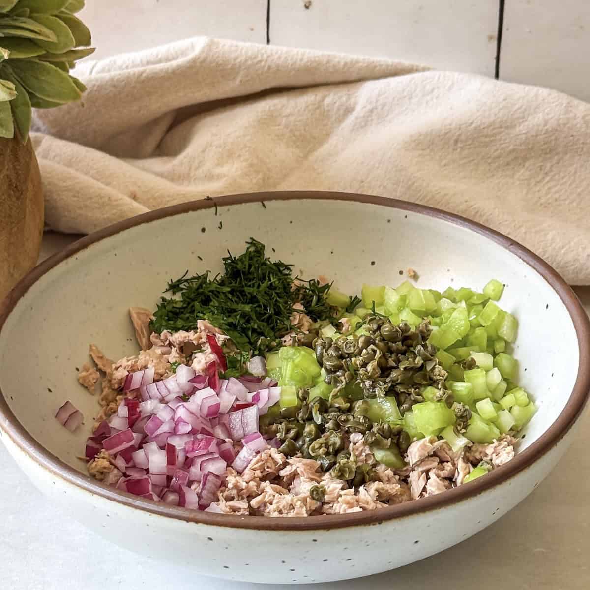 A white speckled bowl with brown rim with tuna, chopped red onion, chopped celery, chopped capers, and dill.