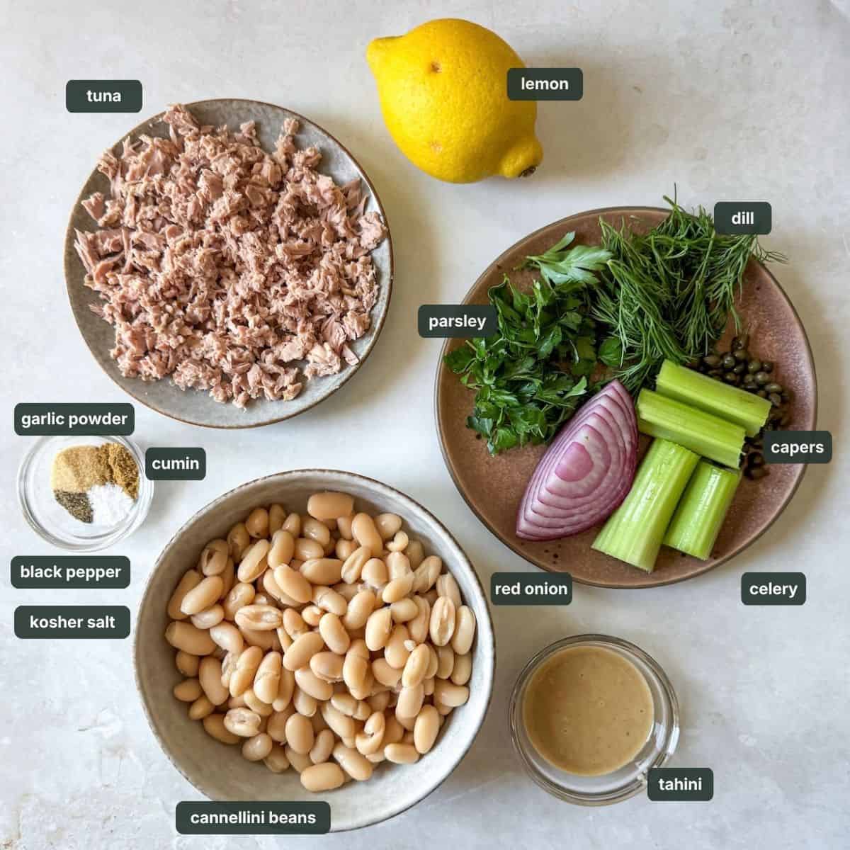 labeled ingredients for tuna salad with white beans in individual containers on a gray and white background.
