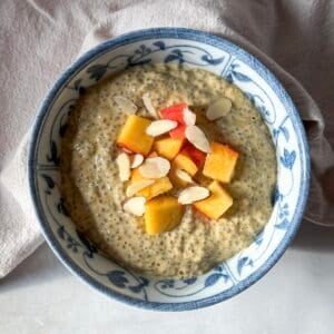 overhead view of peach chia pudding.