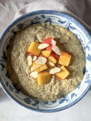 overhead view of peach chia pudding.