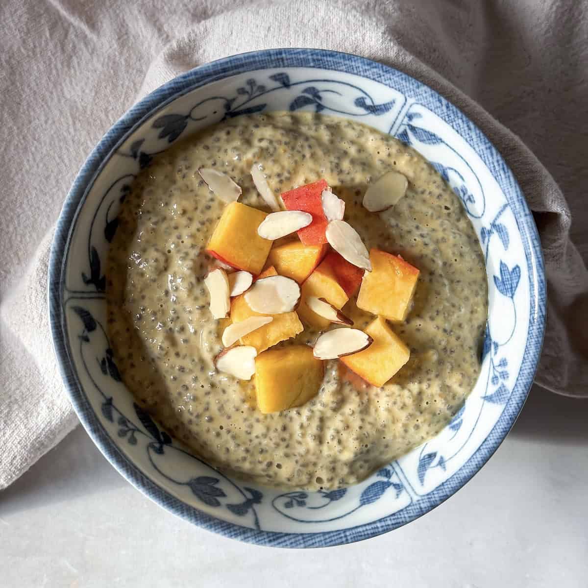 overhead view of peach chia pudding.