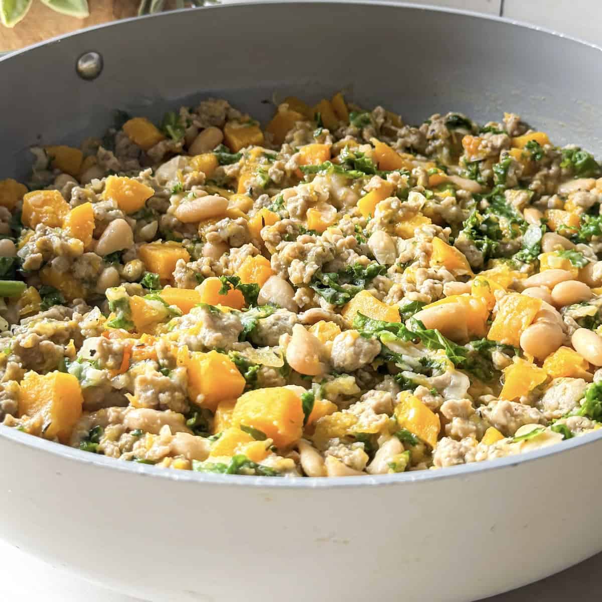 A turkey butternut squash kale and white bean skillet just after it's finished cooking.