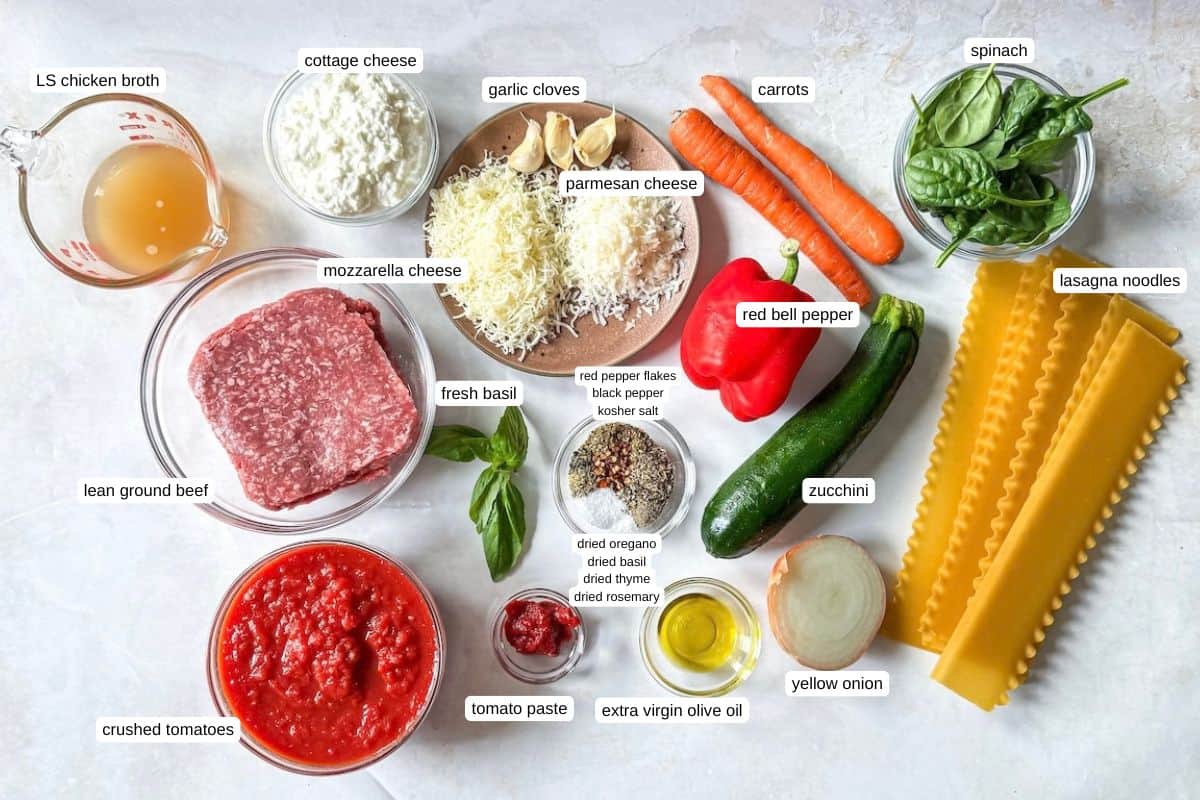 ingredients for high protein lasagna skillet in separate containers on a tan and white background with labels.